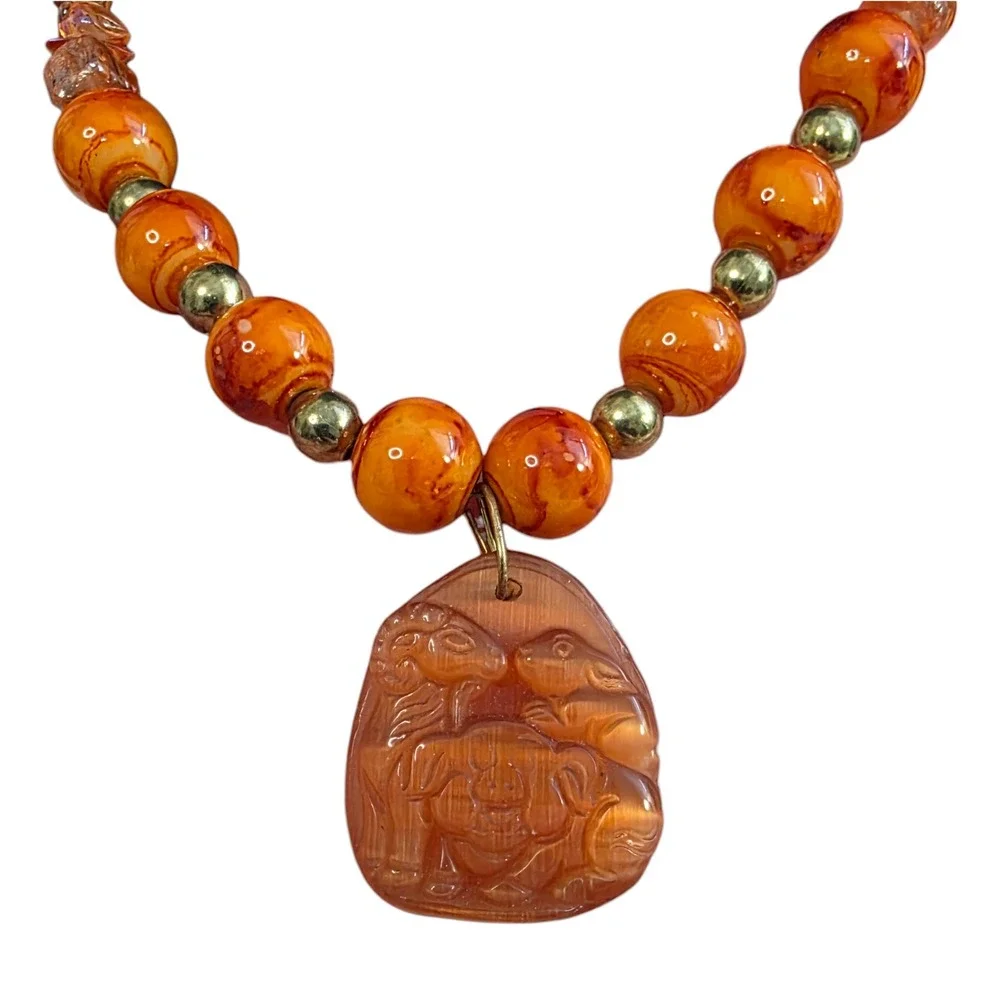 Chunky Statement Orange Necklace Set Carved Animal Pendant Wood Glass Boho Bold - Picture 3 of 7